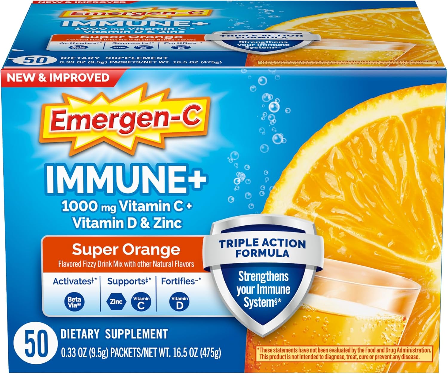 Emergen-C Immune+ Triple Action Immune Support Powder, BetaVia (R), 1000mg Vitamin C, B Vitamins, Vitamin D and Antioxidants, Super Orange – 50 Count