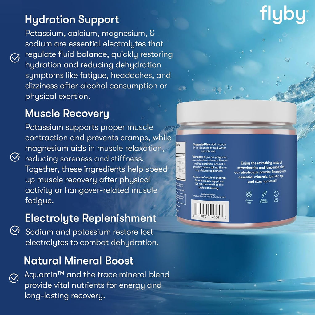 Flyby Electrolytes Powder [ No Added Sugar: Naturally Sweetened ] Contains Potassium, Aquamin™ Calcium & Magnesium, Sea Salt Sodium, Full Spectrum 72 Trace Minerals - Strawberry Lemonade