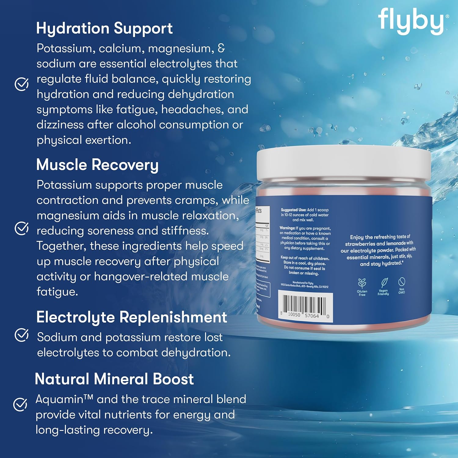 Flyby Electrolytes Powder [ No Added Sugar: Naturally Sweetened ] Contains Potassium, Aquamin™ Calcium & Magnesium, Sea Salt Sodium, Full Spectrum 72 Trace Minerals - Strawberry Lemonade