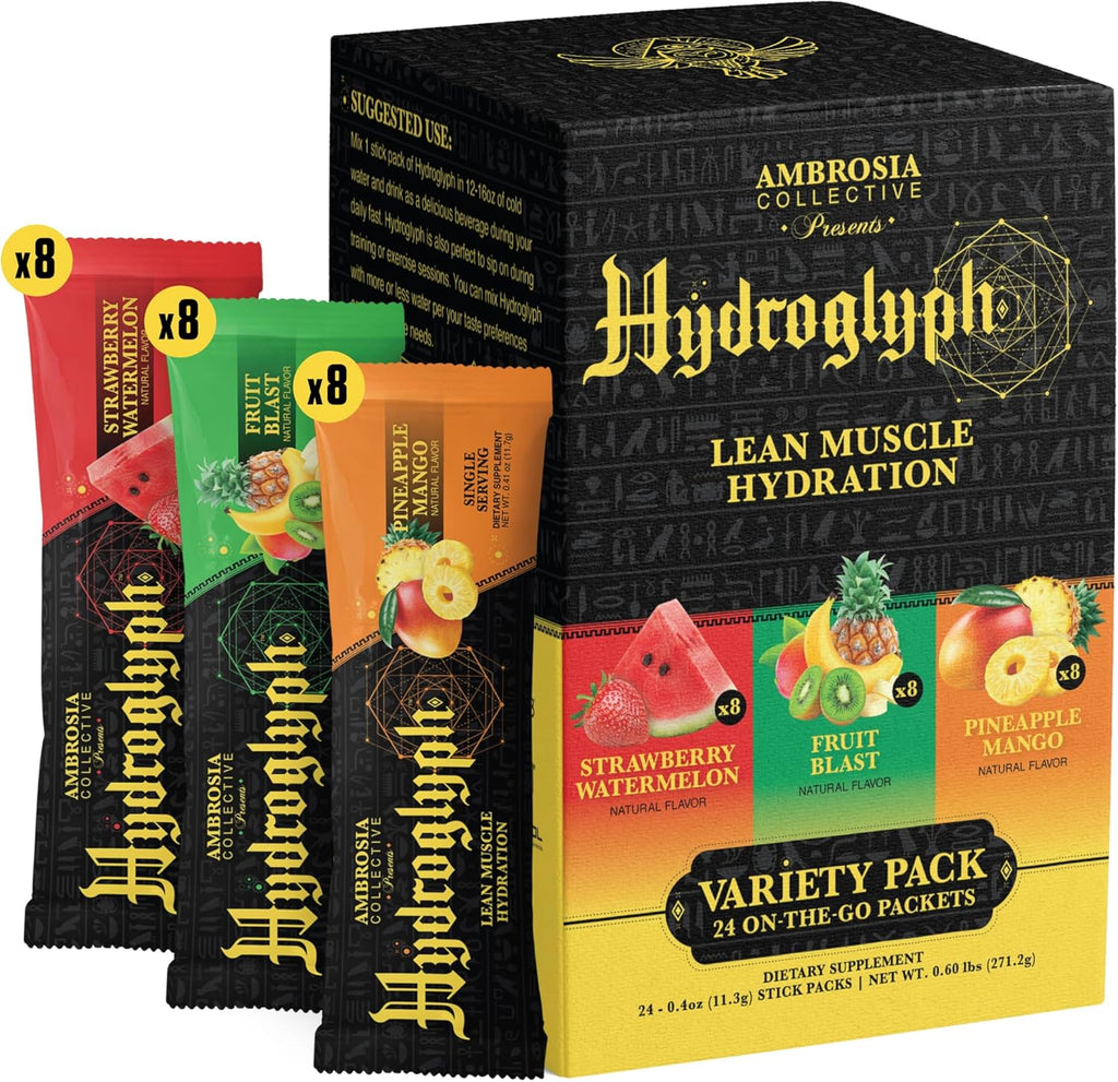 Ambrosia Hydroglyph Intraworkout Electrolytes Hydration Drink Mix | Sugar Free Electrolyte Powder with Amino Acids | Supports Lean Muscle During Fasting | 30 Servings | Variety Pack