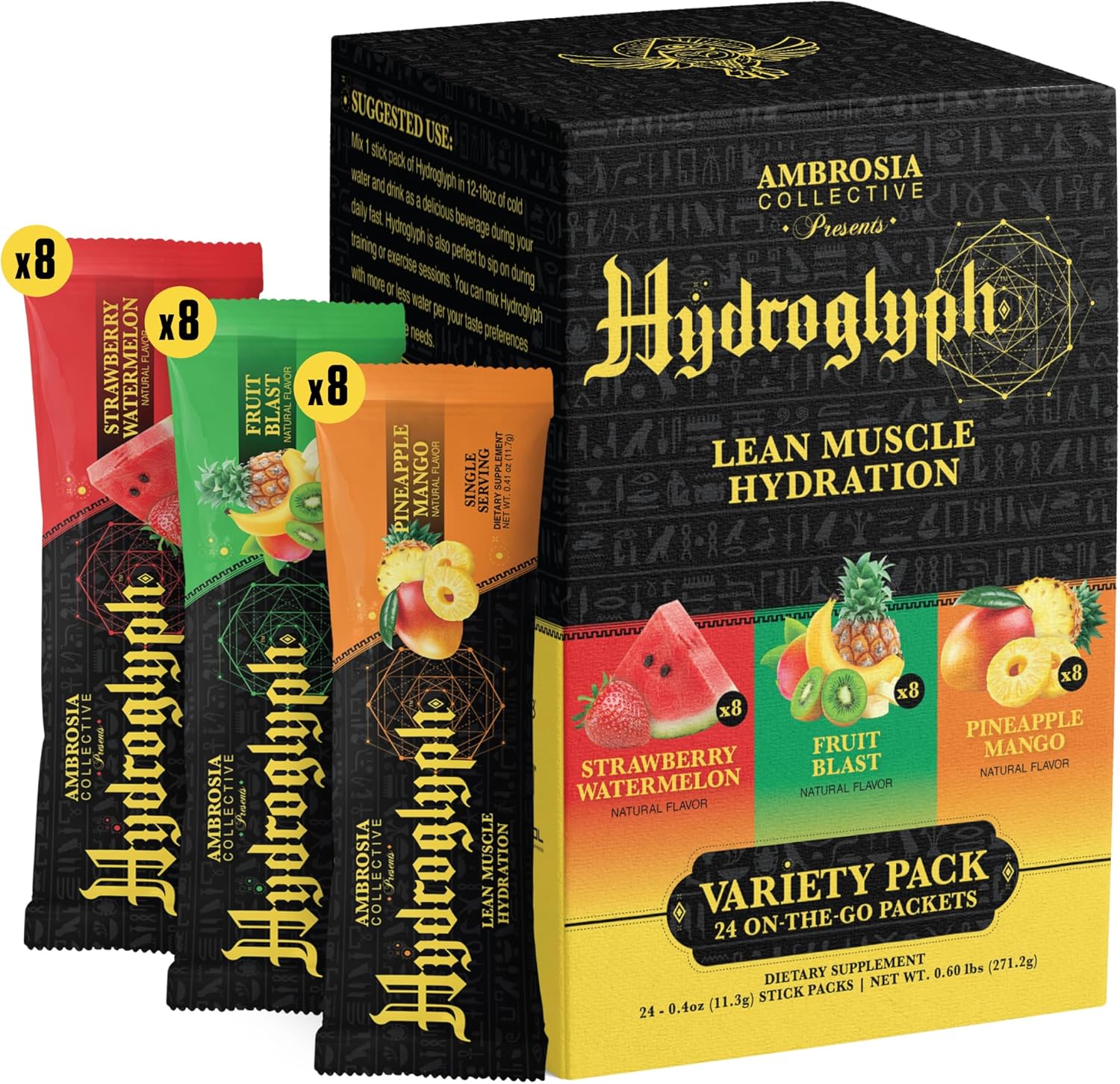 Ambrosia Hydroglyph Intraworkout Electrolytes Hydration Drink Mix | Sugar Free Electrolyte Powder with Amino Acids | Supports Lean Muscle During Fasting | 30 Servings | Variety Pack