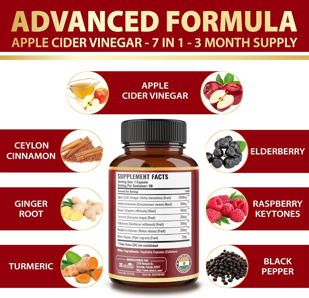 Zolotus 7 in 1 Apple Cider Vinegar Capsules, 3 Month Supply with Ceylon Cinnamon, Ginger Root, Turmeric, Elderberry for Supports Digestion, Immune, 90 Capsules