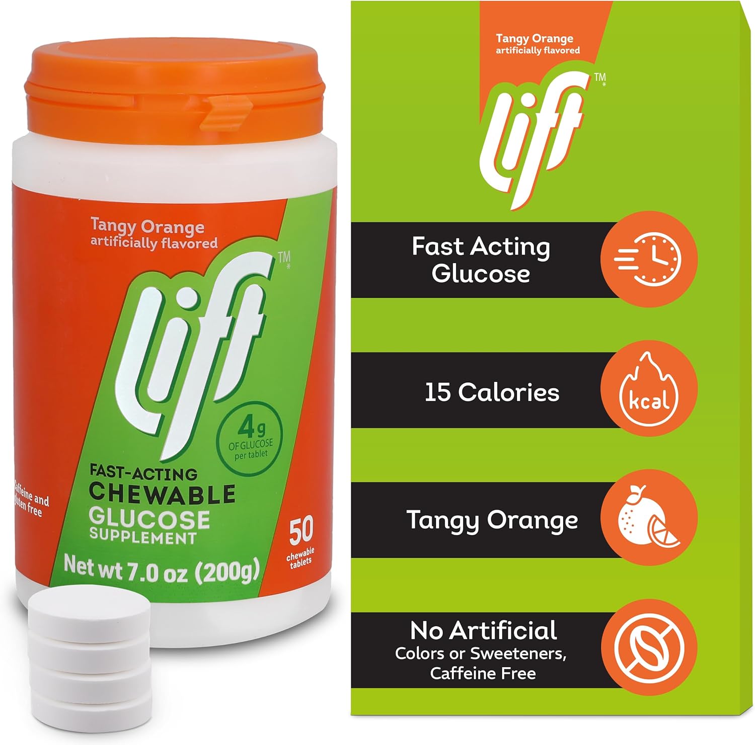 Lift Glucose Fast-Acting Glucose Chewable Energy Tablets, Orange, 50 ct Jar (Pack of 6)