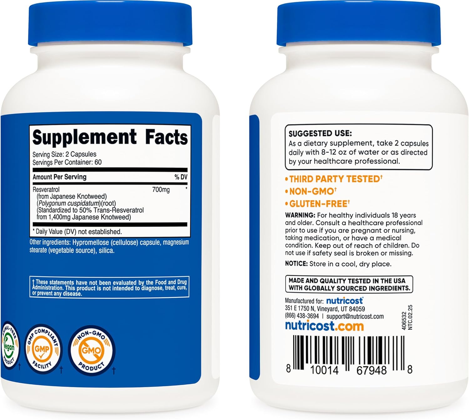 Nutricost Resveratrol 700mg; 120 Vegetable Capsules - 50% Trans-Resveratrol (2 Bottles)