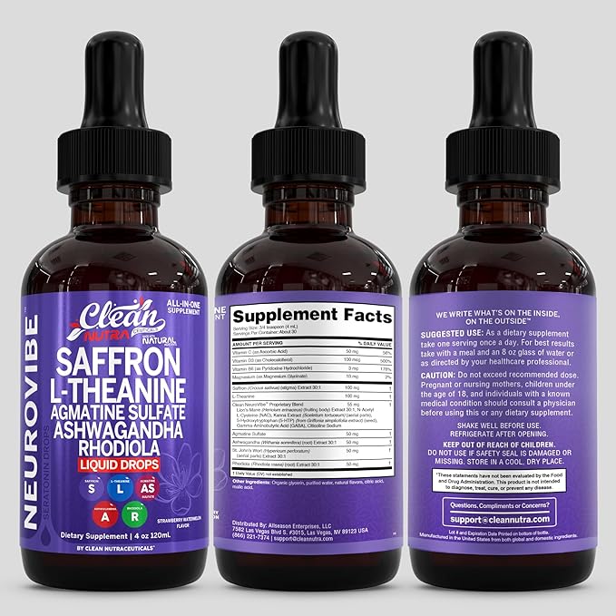 Saffron Supplements Liquid Drops L-Theanine Agmatine Sulfate Ashwagandha Magnesium Glycinate B6 Magnesium Stress Relief Mood Support 5-HTP GABA Supplement Vitamin D 4oz by Clean Nutra