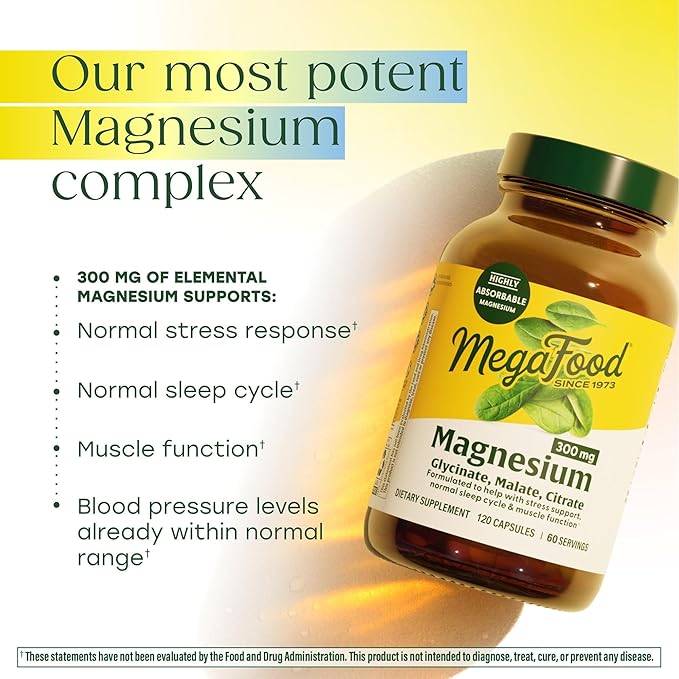 MegaFood Magnesium Glycinate, Citrate & Malate 300mg Supplement - Highly Absorbable Blend to Support Heart, Nerve Health & Relaxation, Triple Magnesium Complex Supplement, 120 Capsules (60 Servings)