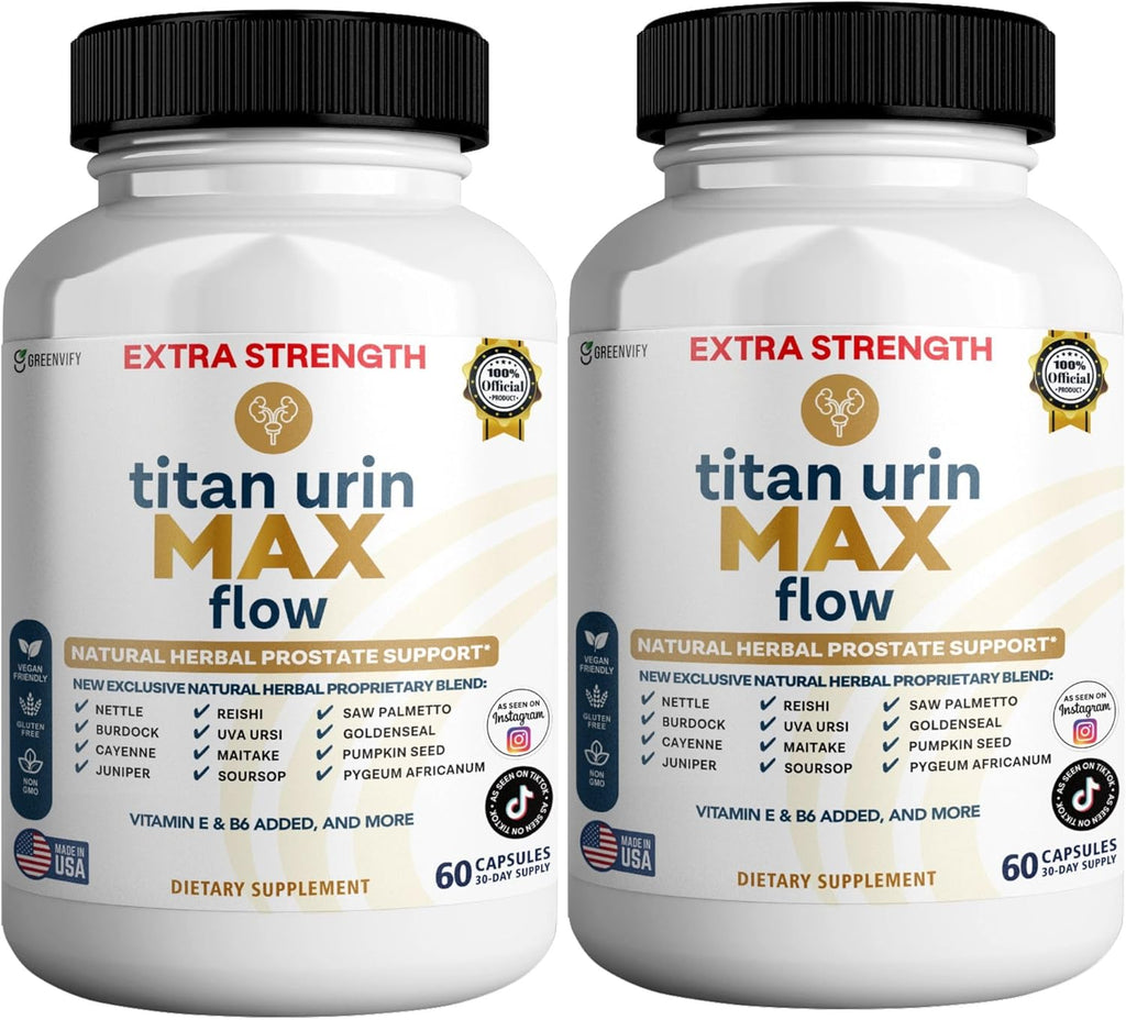 Titan Urin Max Flow Natural Prostate Supplement, 60 Capsules, Extra Strength Herbal Complex with Saw Palmetto, Vitamins E & B6 (2)