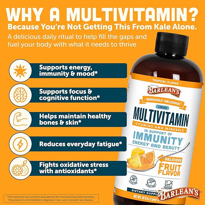 Barlean's Liquid Multivitamin for Women, Men & Kids, 21 Essential Vitamins & Minerals, Includes Biotin, B-Complex, Vitamins C, D3 & K2, Smoothie-Like Daily Supplement, Tropical Flavor, 16 fl oz