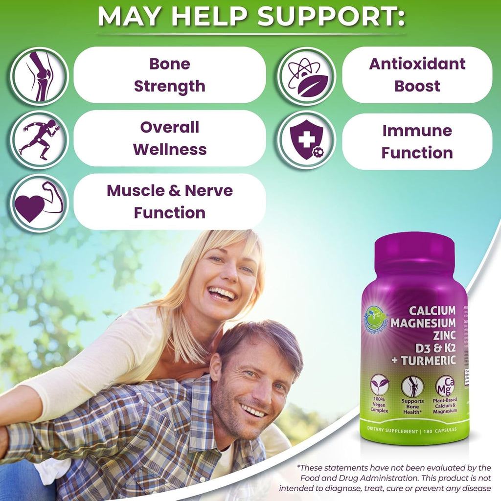 Plant-Based Calcium 500mg (Aquamin) – Vegan Calcium Magnesium Zinc D3 with Vitamin K2 & Organic Turmeric – Enhanced Bone and Muscle Health & Strength, Immune Support for Women & Men - 180 Count