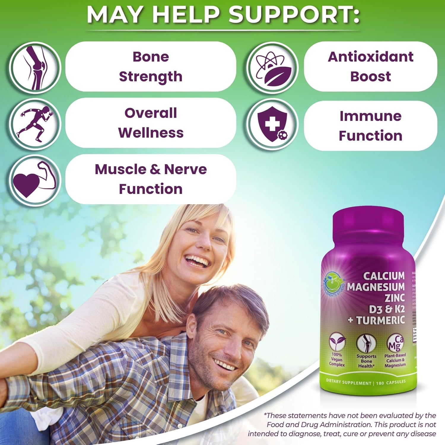 Plant-Based Calcium 500mg (Aquamin) – Vegan Calcium Magnesium Zinc D3 with Vitamin K2 & Organic Turmeric – Enhanced Bone and Muscle Health & Strength, Immune Support for Women & Men - 180 Count