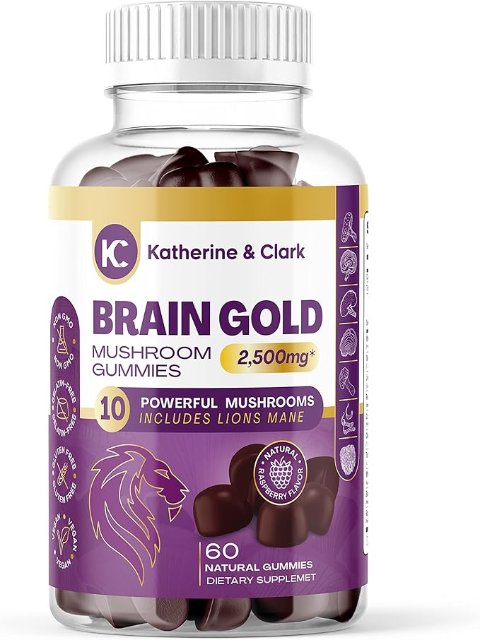 Brain Gold - Super Mushroom Gummies Aid Immune Support - Lions Mane Mushroom Supplement Natural Raspberry Flavor - Daily Reishi Mushroom Capsules Support Well-Being Mushroom Complex