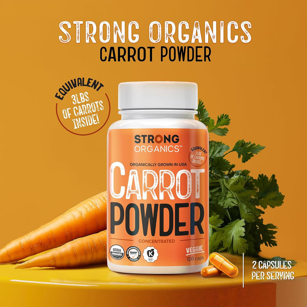 USDA Organic Carrot Powder Capsules (120), Grown in USA, Eye Support, Beta Carotene, Vitamin A, Carotenoids, Antioxidants,106°F Max, Vegan, Kosher-2 Months Supply