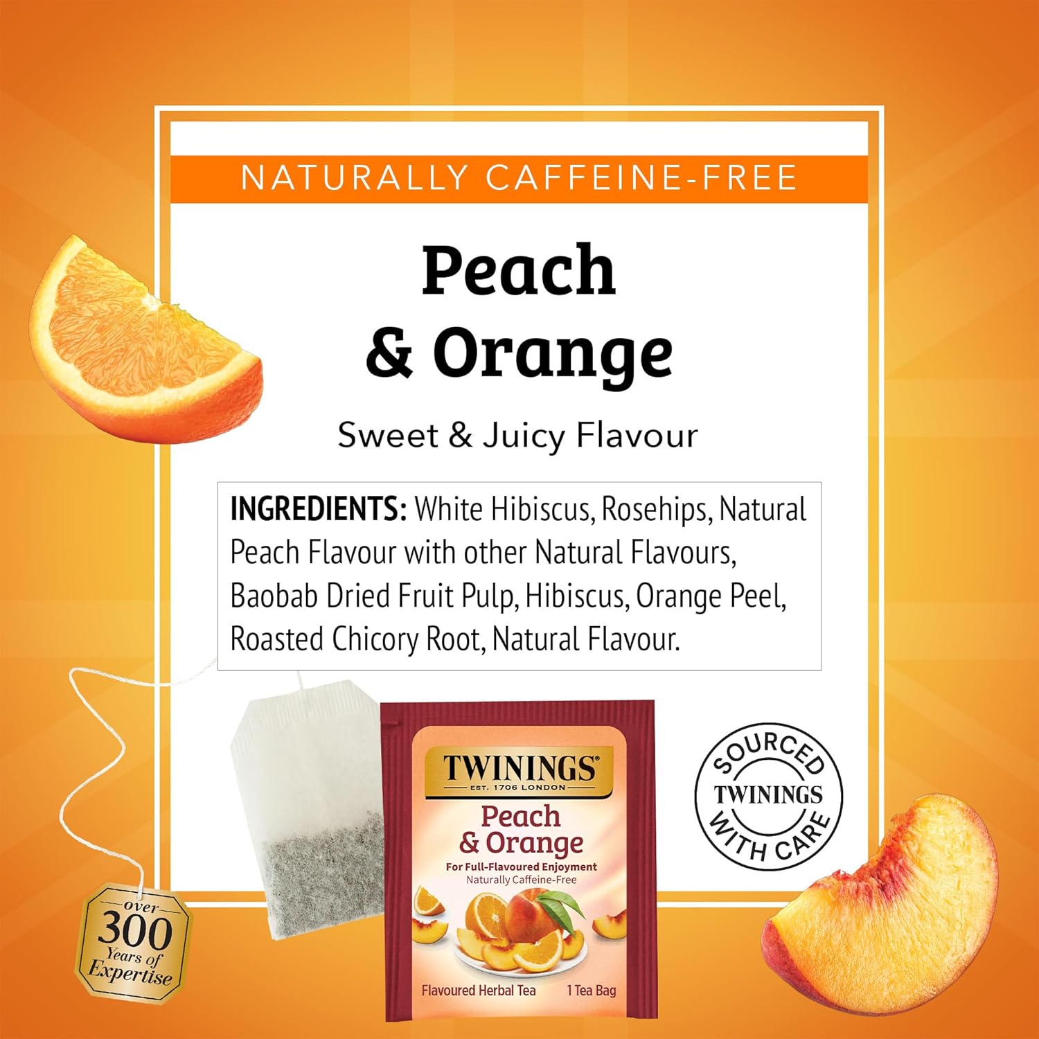 Twinings Peach & Orange Herbal Tea Individually Wrapped Bags, 20 Count (Pack of 1), Juicy & Fruity, Naturally Caffeine-Free, Enjoy Hot or Iced, 20 Teabags