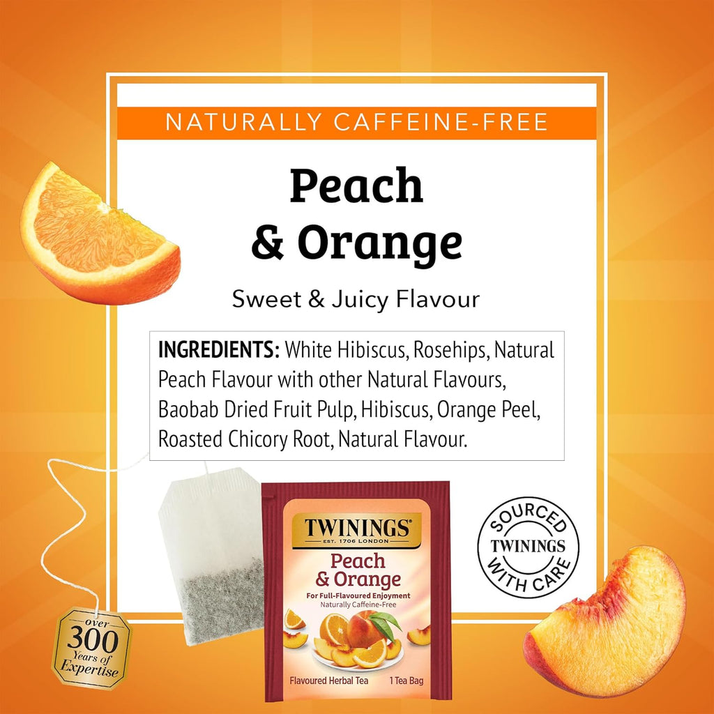 Twinings Peach & Orange Herbal Tea Individually Wrapped Bags, 20 Count (Pack of 2), Juicy & Fruity, Naturally Caffeine-Free, Enjoy Hot or Iced, 20 Teabags