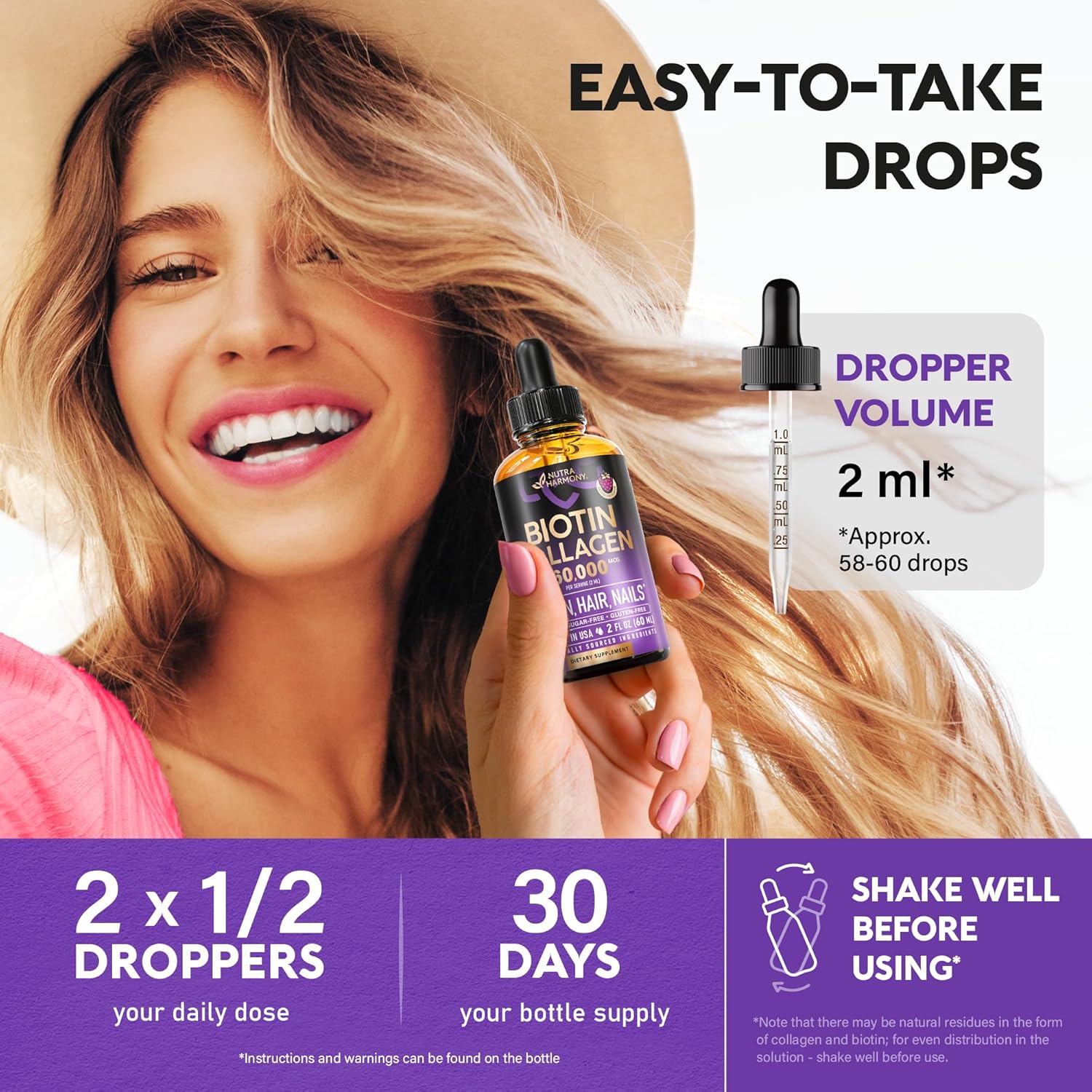 Liquid Biotin & Collagen - Vitamins for Hair Growth Support for Women & Men - Extra Strength 60000 mcg Drops - B7 Supplement - Strong Nails & Healthy Skin - 98% Faster Absorption Than Pills