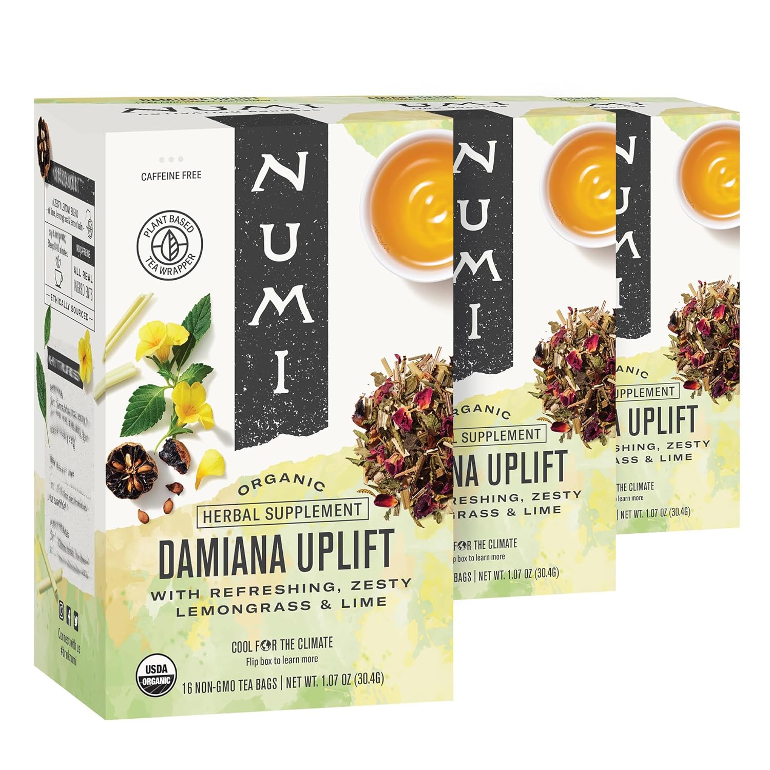 Numi Organic Tea Damiana Uplift, 48 Herbal Tea Bags for Energy and Wellness