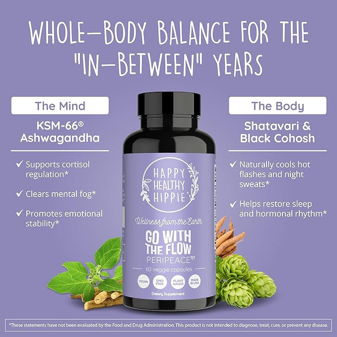 Perimenopause Supplements for Women | Hot Flash, Night Sweat, Mood & Sleep Support | Vegan Hormone Balance Capsules with KSM-66 Ashwagandha, Shatavari & Black Cohosh | Estrogen-Free, 60ct