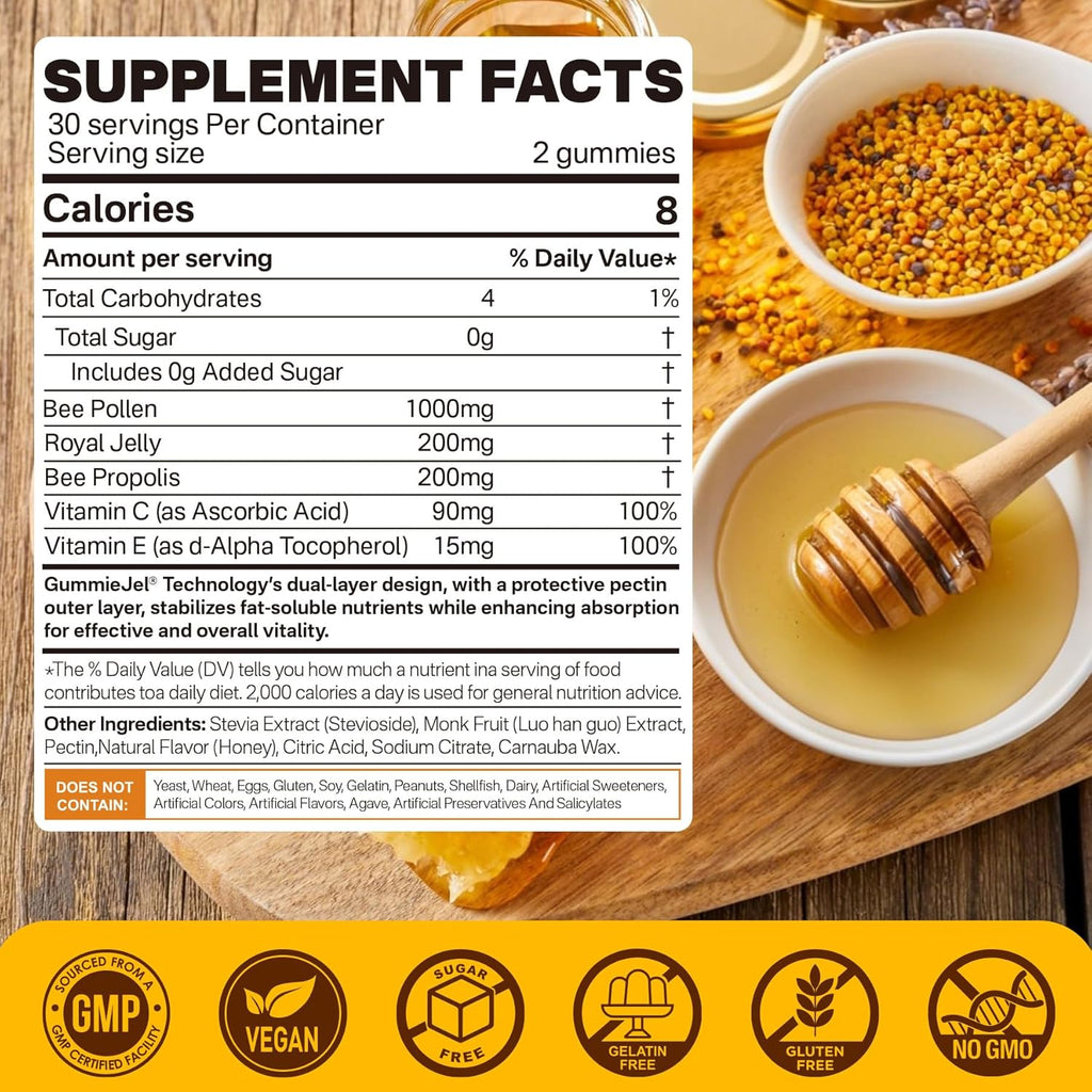 Bee Pollen Organic 1000mg, w/Propolis, Royal Jelly, Sugar Free Bee Pollen Gummies Rich in B-Vitamin, Antioxidants, Amino Acids, Bee Pollen Supplement for Energy, Skin & Immune (1 Pack)