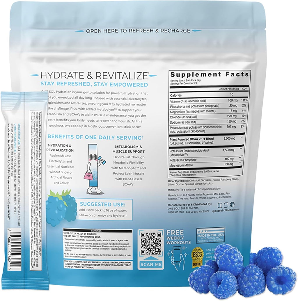 One Sol BCAA & Electrolyte Powder for Hydration & Energy, All-Natural Formula, 100% Vegan, Non-GMO, Gluten Free & Soy-Free, Promotes Muscle Growth & Recovery, Natural Blue Raspberry Flavor