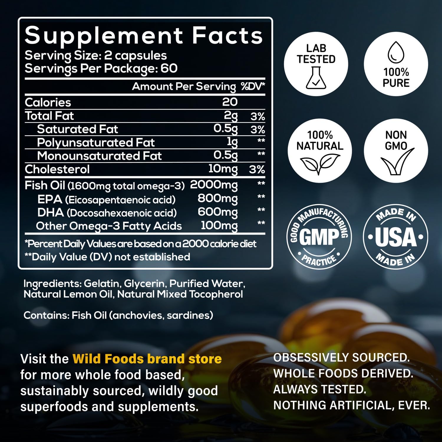Wild Foods Omega 3 Fish Oil Supplement, 120 Capsules (2 pk) | Wild Caught, Burpless, Odorless, Non-GMO, Gluten Free | DPA, DHA, EPA Triple Strength Joint Nutrition for Women & Men