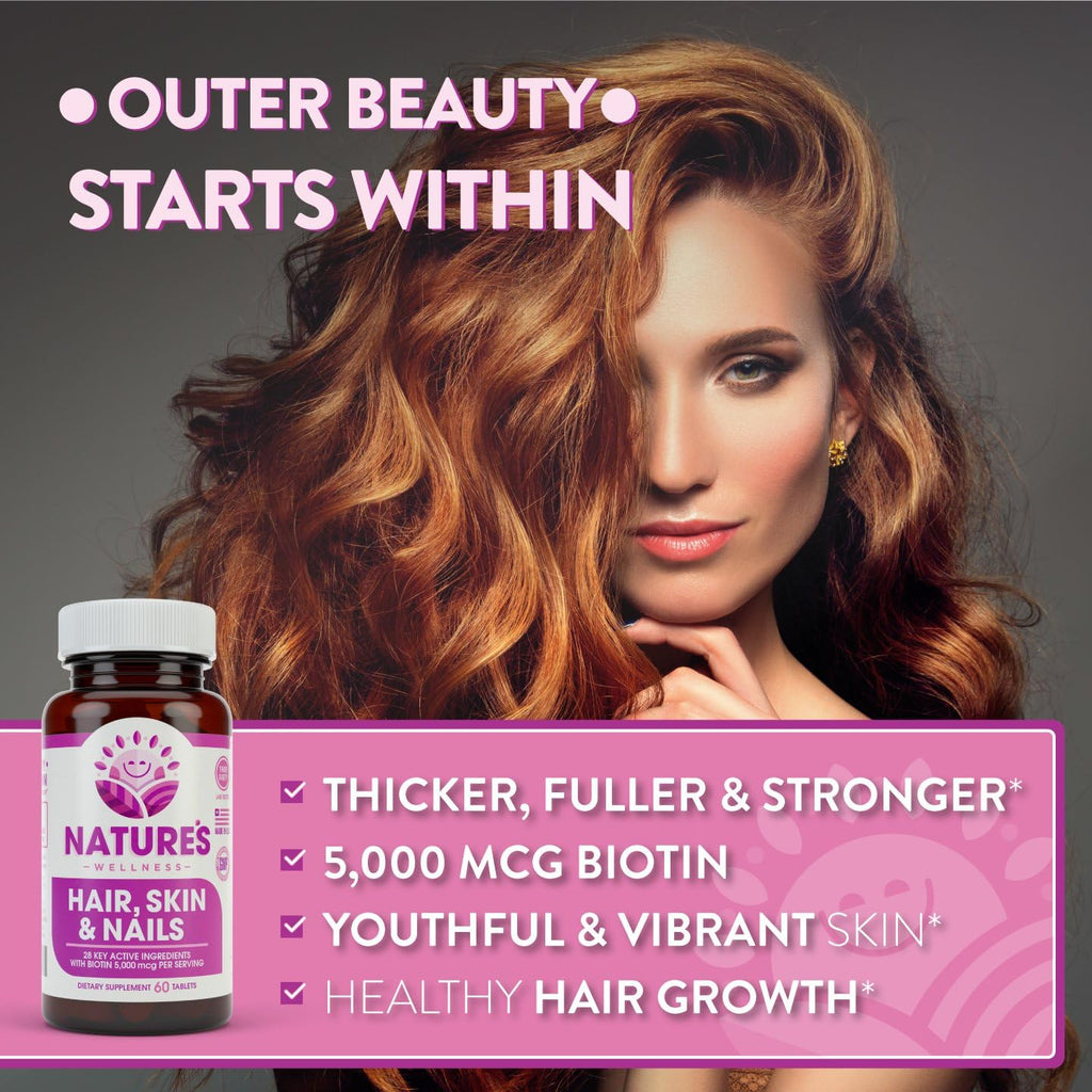 Natures Wellness Hair, Skin & Nails Essential Nourishing Supplement, 60-Count | 4000mcg Biotin + Vitamins A, C and E, B Complex Vitamins, and Advanced Nutrients per Capsule | 100% All-Natural