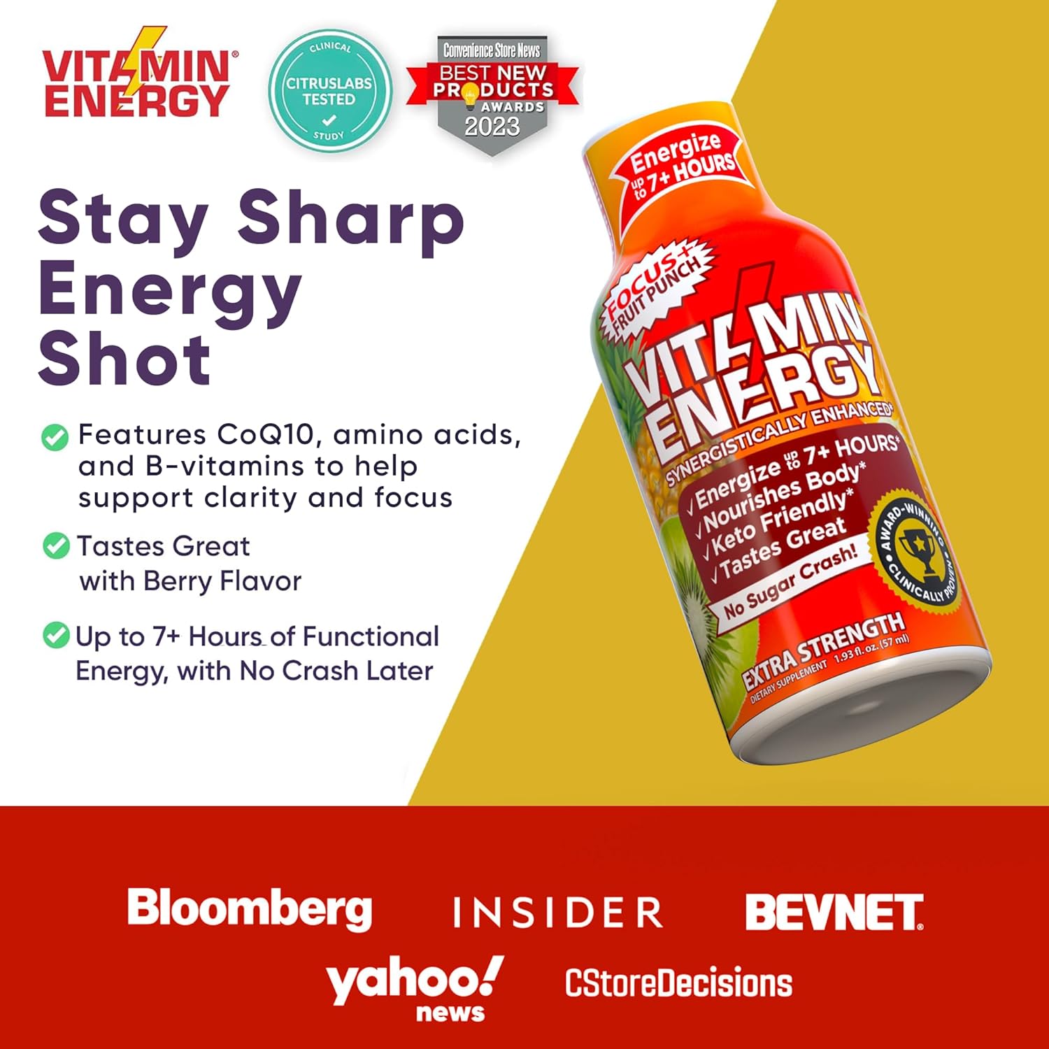 Vitamin Energy Focus+ Extra Strength Energy Shot Fruit Punch 24 Pack, 260mg Natural Caffeine, B-Vitamins, CoQ10, Amino Acids, Focus, Productivity & Clarity, Zero Sugar, Gluten-Free, 1.93 fl oz