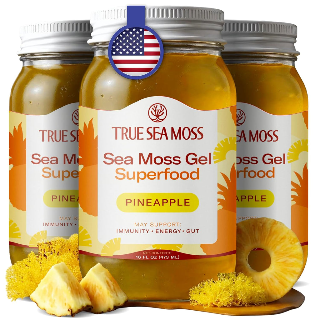 TrueSeaMoss Sea Moss Gel – Made in USA – Wildcrafted Seamoss, Fresh Fruits & Sea Vegetables – Pineapple, Pack of 3 (Labels may Vary)