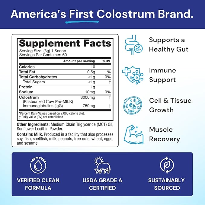 Symbiotics Colostrum Plus Powder, 6.3 oz (180 g) - 25% IgG Immunoglobulins, Naturally Occurring Lactoferrin, Supports Immune Function & Digestive Balance, Gluten Free