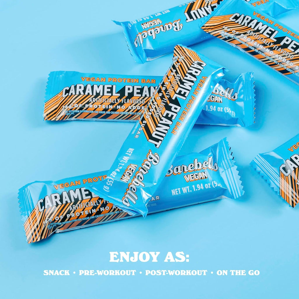 Barebells Plant Based Protein Bars, Peanut Caramel - 12 count, 15g of Plant-Based High Protein Treats - Chocolate Nutrition Bar with 1g Total Sugar - On The Go Breakfast or Post-Workout Snack
