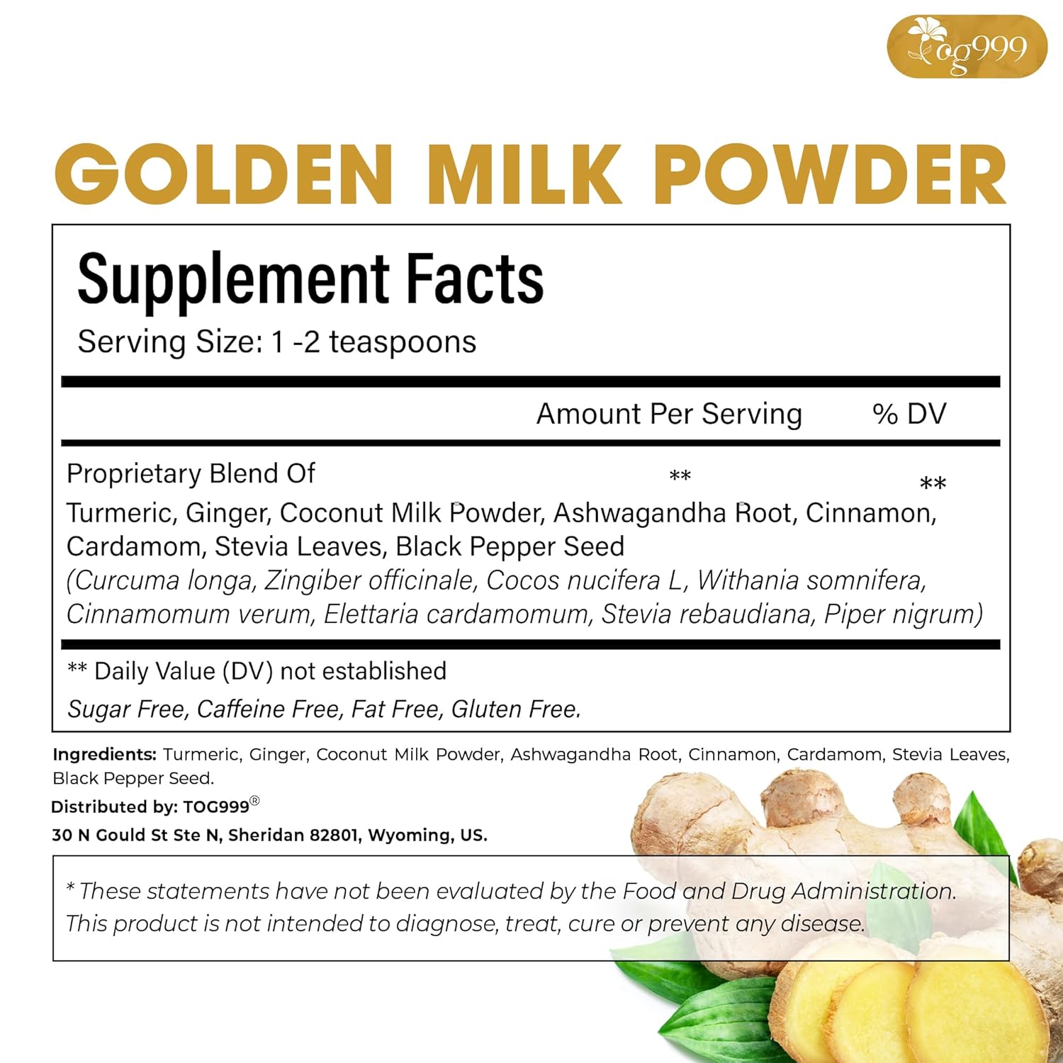 TOG999, Premium 8oz Golden Milk Powder - Turmeric, Cinnamon, Ginger & Black Pepper – Natural Spice Blend for Lattes, Smoothies & Baking – Non-GMO, No Additives