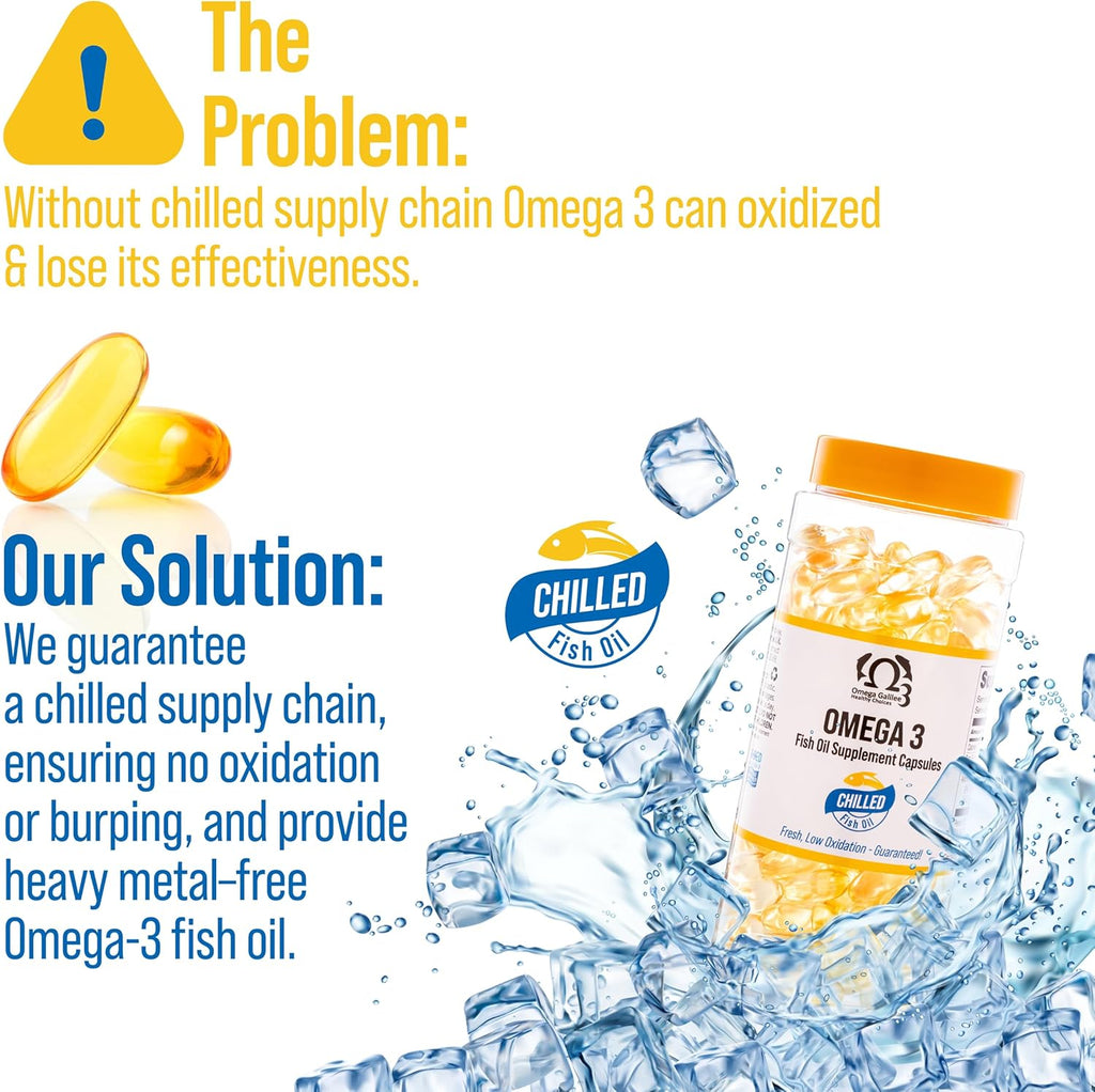 Chilled Triple Strength Omega 3 Fish Oil Supplement, We Solved The Omega 3 Oxidation Problem | Cold-Packed for Freshness & Potency – Heavy Metal Free EPA & DHA for Heart & Brain Support, 200 Softgels