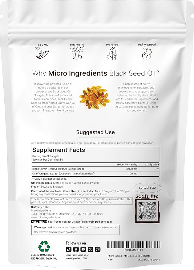 Micro Ingredients Black Seed Oil Softgels, 3,000mg, 240 Count | 2-in-1 Formula with Oil of Oregano, Carvacrol & Thymoquinone | Plant Based, Non-GMO