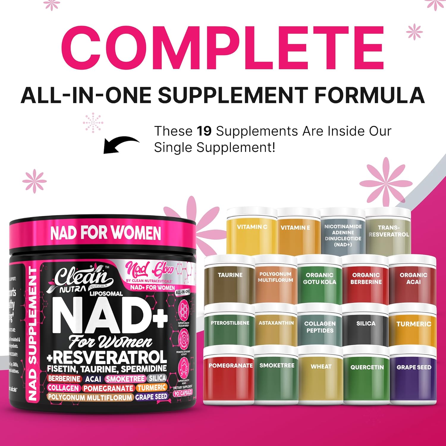 Clean Nutra NAD Supplement for Women Liposomal NAD+ Capsules with Resveratrol | Nicotinamide Riboside Fisetin Taurine & Spermidine | Premium All-in-One Formula | 90 Vegan Capsules