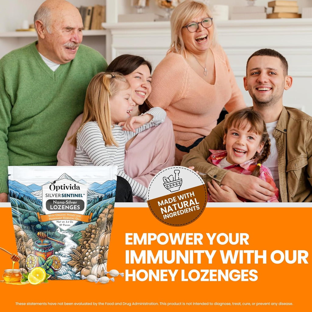 Optivida Health Colloidal Silver Lozenges with Honey & Lemon Oil (2 Pack) - Soothing Sore Throat Lozenges for Adults with Cough Relief & Fast-Acting Nano Silver Formula for Immune Support, 60 Ppm