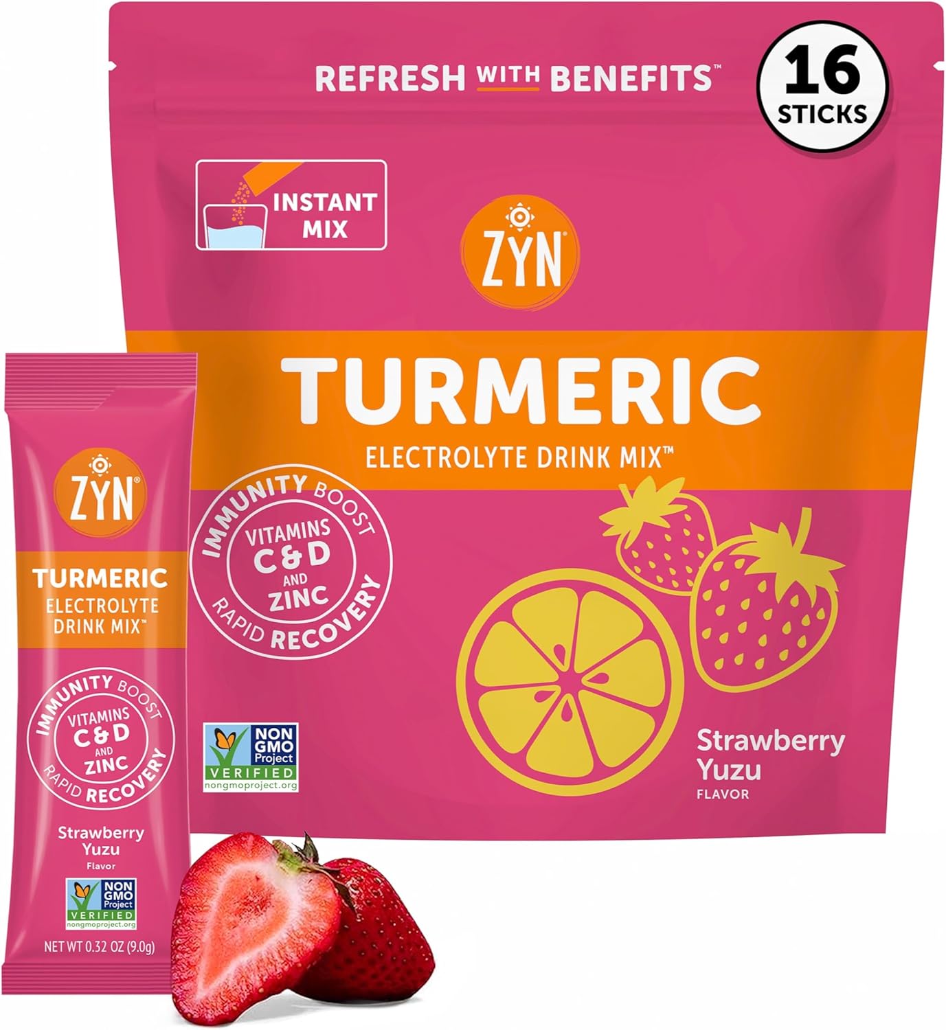 ZYN Electrolyte Drink Mix Hydration Packets, Strawberry Yuzu Electrolytes Powder, Hydration Packets w/Turmeric Curcumin, Vitamin C & D, Zinc, Hydrate & Recover Electrolyte Powder, Pack of 16