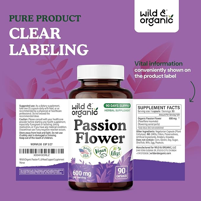 Wild & Organic Passion Flower Capsules 600 mg - Calming & Mood Support - Passionflower Extract Supplement - Passiflora Incarnata Herb - Vegan, No Fillers, Non-GMO - 90 Count
