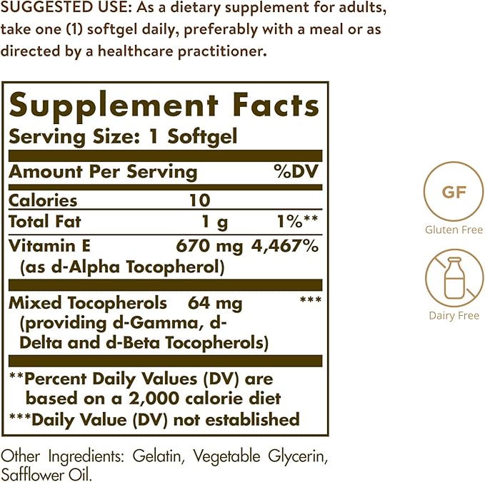 Solgar Vitamin E 670 mg (1000 IU), 180 Softgels - Natural Antioxidant, Skin & Immune System Support - Naturally-Sourced Vitamin E - Gluten Free, Dairy Free - 180 Servings