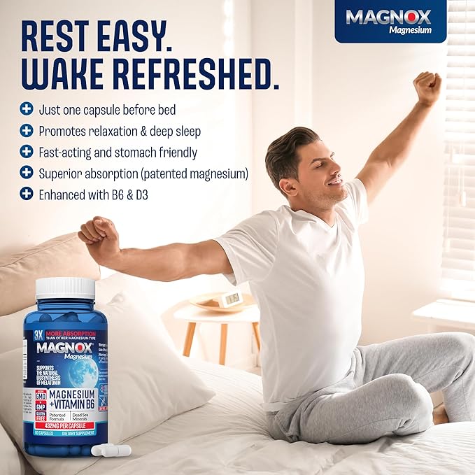 MAGNOX® High Absorption Magnesium Supplement with B6 & D3 Vitamins for Women & Men | Sleep Support | One Capsule a Day for Full Dosage (432mg) Patented & Clinically Tested Formula (60 pils)
