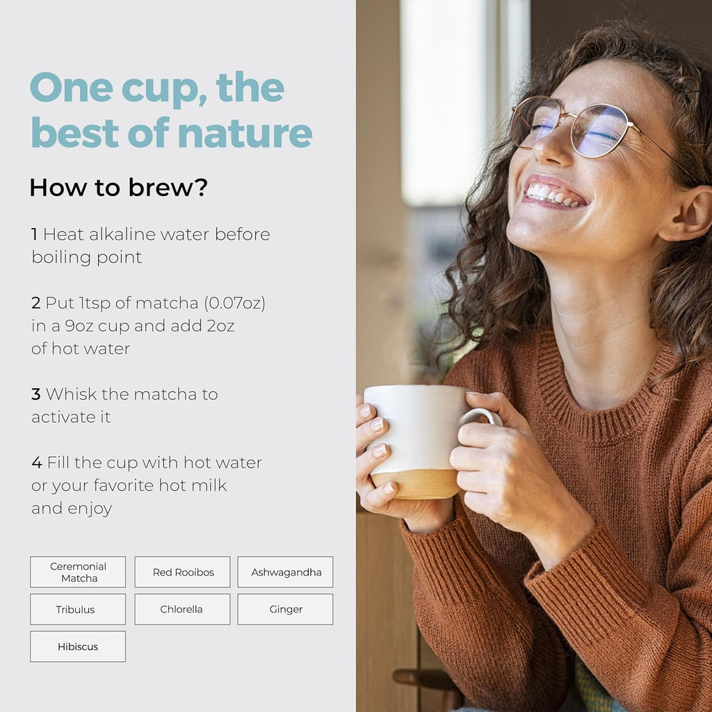 Michelle Peiret Adaptogen Ceremonial Grade Matcha Tea with Ashwagandha & Ginger Root, Perfect Coffee Substitute, Premium Blend, 15 Servings