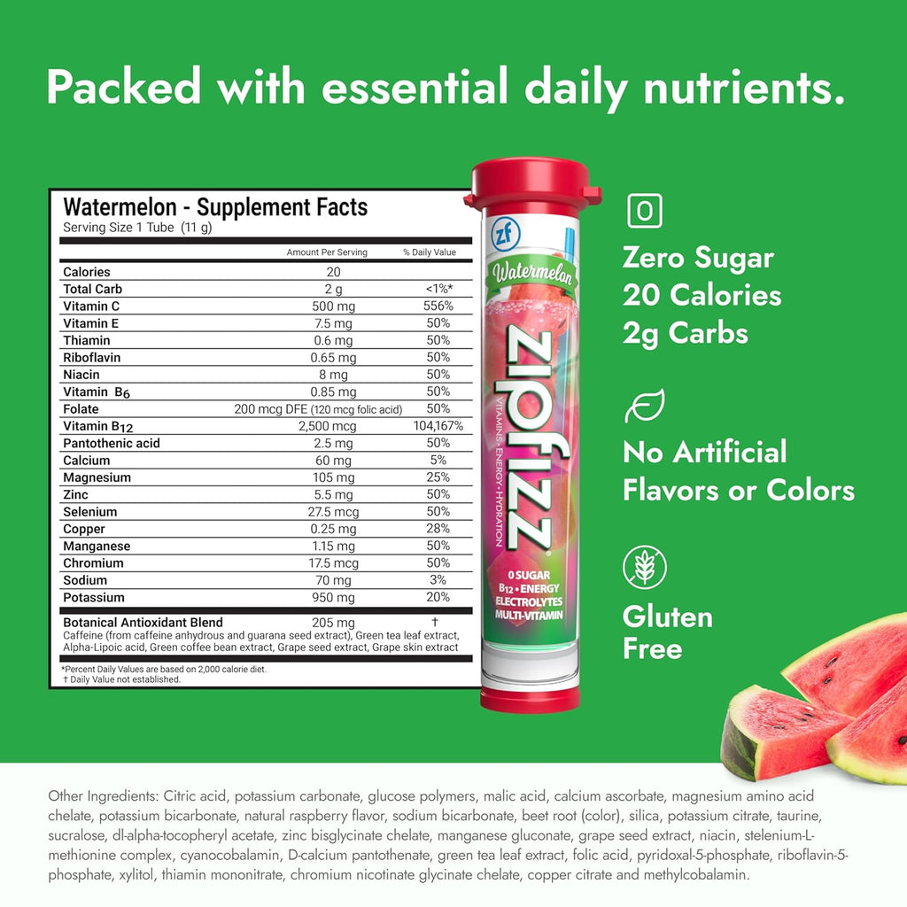 Zipfizz Daily Energy Drink Powder, Watermelon, 20 Pack | 3-in-1 Sustained Energy, Rapid Hydration, and Essential Vitamins | Sugar-Free | Electrolyte Powder | Contains Vitamin B-12 & Antioxidants