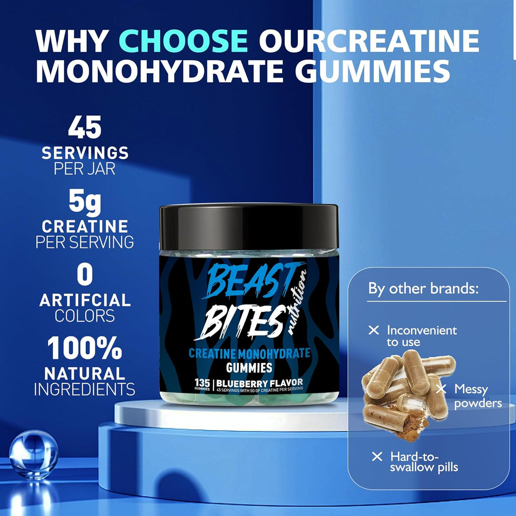 Creatine Monohydrate Gummies for Men & Women - 5g of Creatine Monohydrate per Serving - Sugar Free,Vegan, Blueberry Flavor, 135 Count.