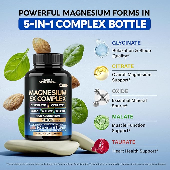 Magnesium Supplement - 5 in 1 Complex 500 mg | Glycinate | Citrate | Malate | Taurate | Oxide - Made in USA - Stress, Muscle & Heart Support - Vegan, Natural, Non-GMO - 240 Capsules