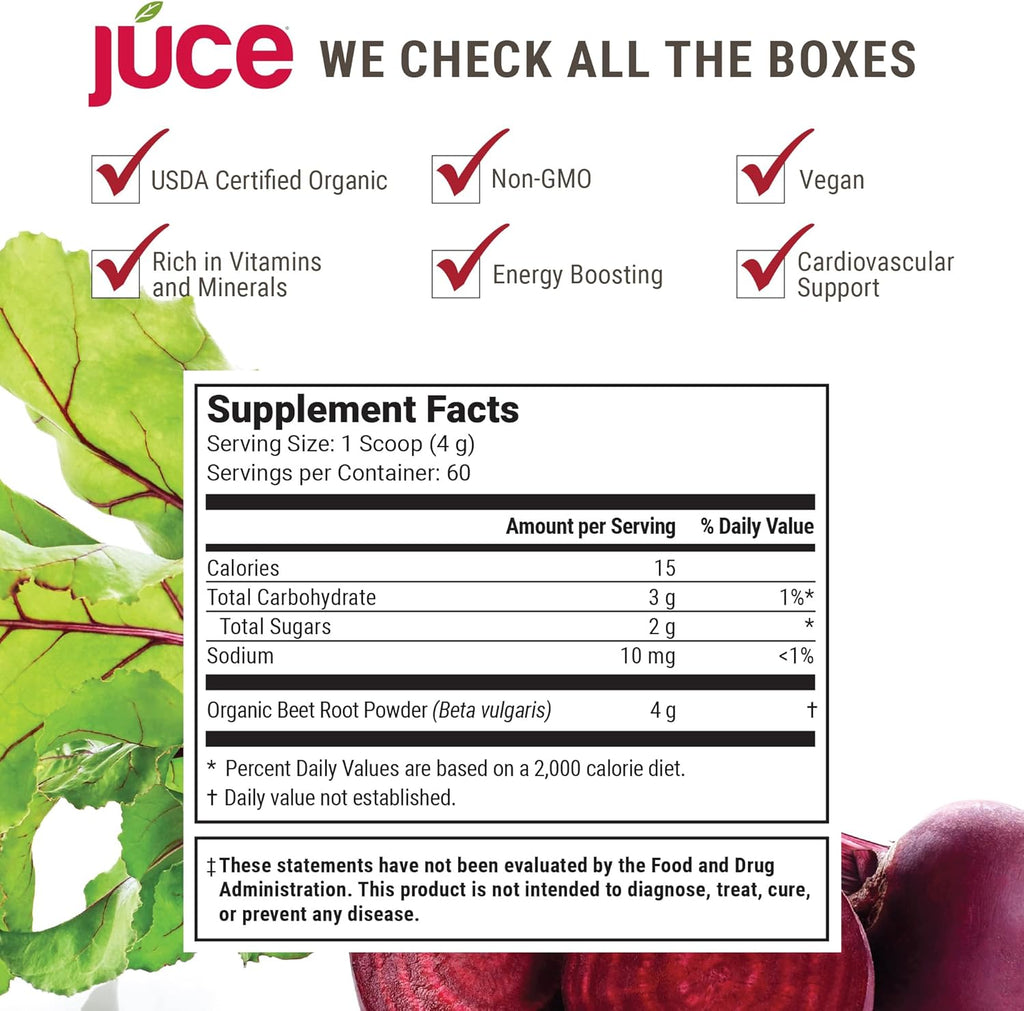 JUCE Beet Superfood Powder Made with 100% Pure Organic Beets (60 Serving) | All Natural Nitric Oxide Supplement | Gluten Free, Soy Free, Vegan, Non GMO (240 g)