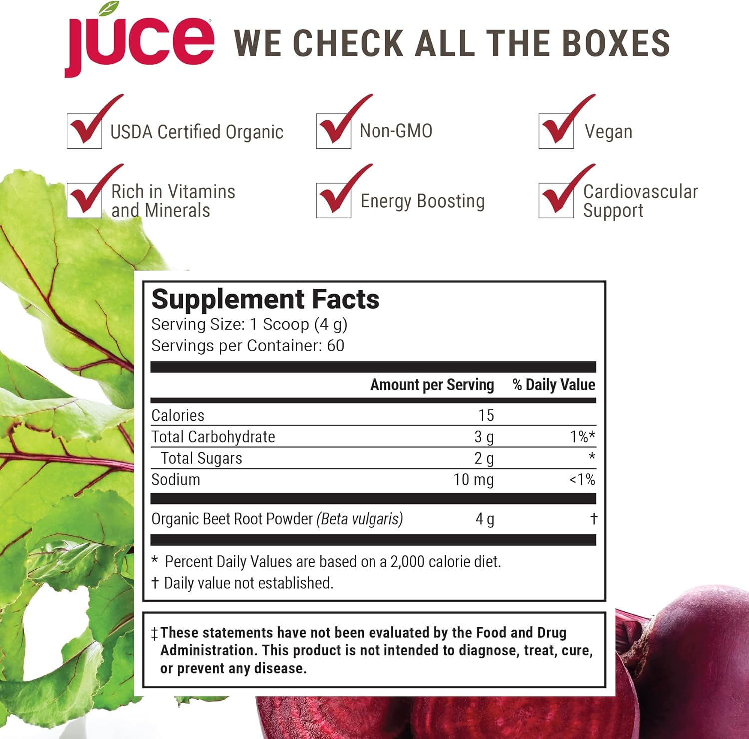 JUCE Beet Superfood Powder Made with 100% Pure Organic Beets (60 Serving) | All Natural Nitric Oxide Supplement | Gluten Free, Soy Free, Vegan, Non GMO (240 g)