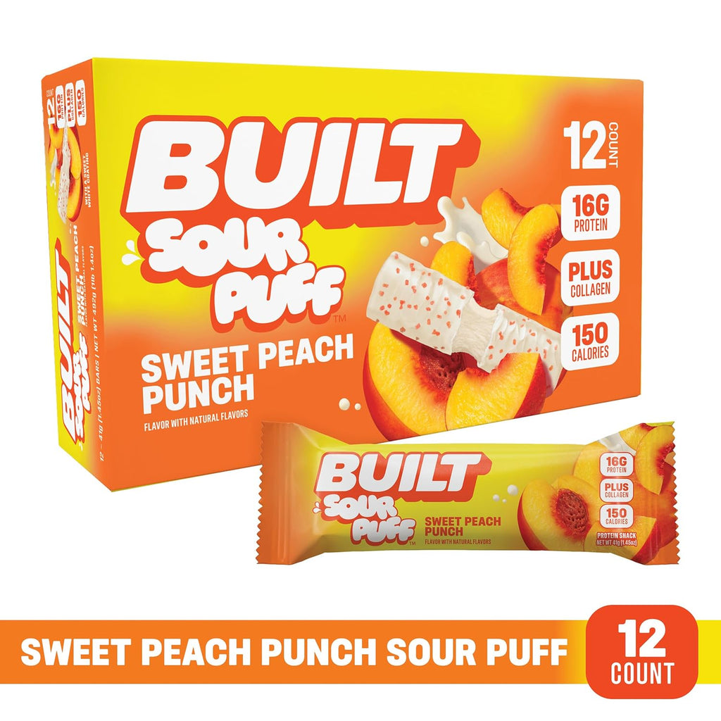 Built Bar, Sour Puff Protein Bars, Sweet Peach Punch, Collagen, On-the-go Snacks, Sour Candy Snack, 12 Pack