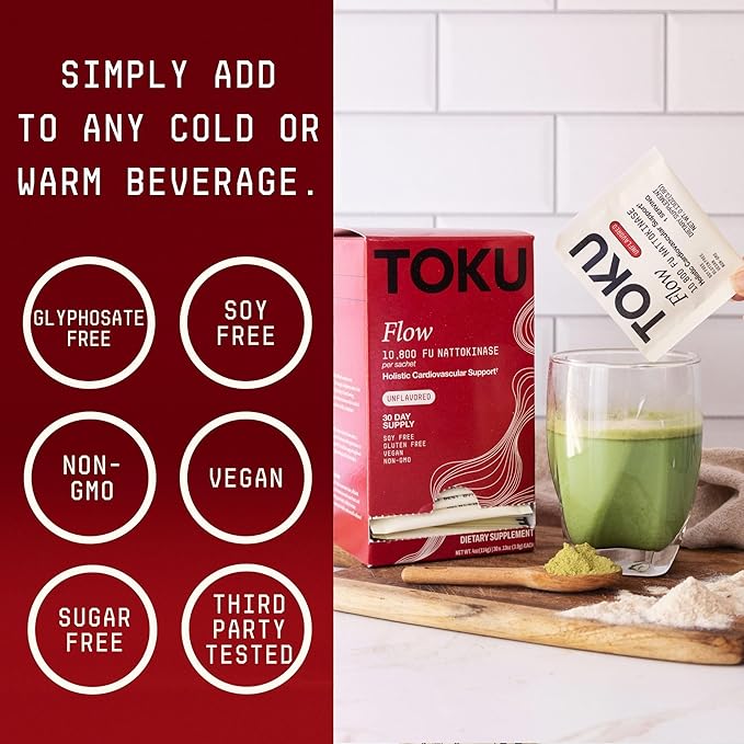 Toku Nattokinase 10,800 FU Supplement with Vitamin K2 MK7 & Oat Beta Glucan, Daily Circulation Support Powder, Plant-Based Drink Mix, Soy-Free, 30 Single-Serve Packets