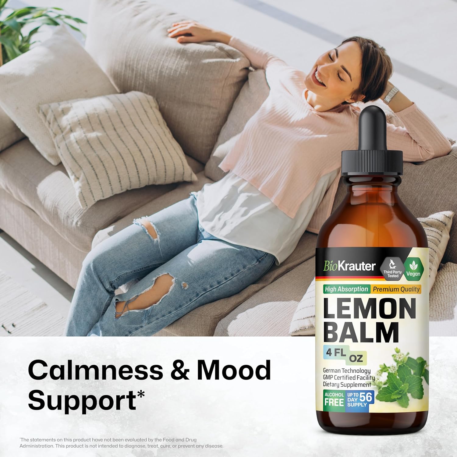 BIO KRAUTER® Lemon Balm Tincture 680 mg Melissa Officinalis - Pure Vegan Lemon Balm Extract 4 Fl.Oz 56 Days of Supply - Natural Calming & Sleep Support - Alcohol & Sugar Free - Digestion & Relaxation