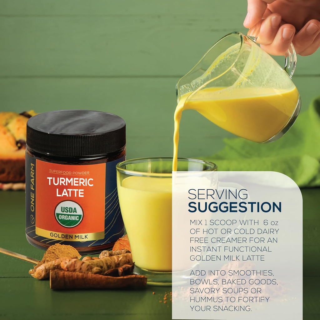 Turmeric Latte Powder - USDA Organic >5% Curcuminoid Turmeric, Lions Mane, Ashwagandha, Ginger, Cinnamon in a Resealable Glass Jar, 45 Servings - Perfect for Making Golden Milk