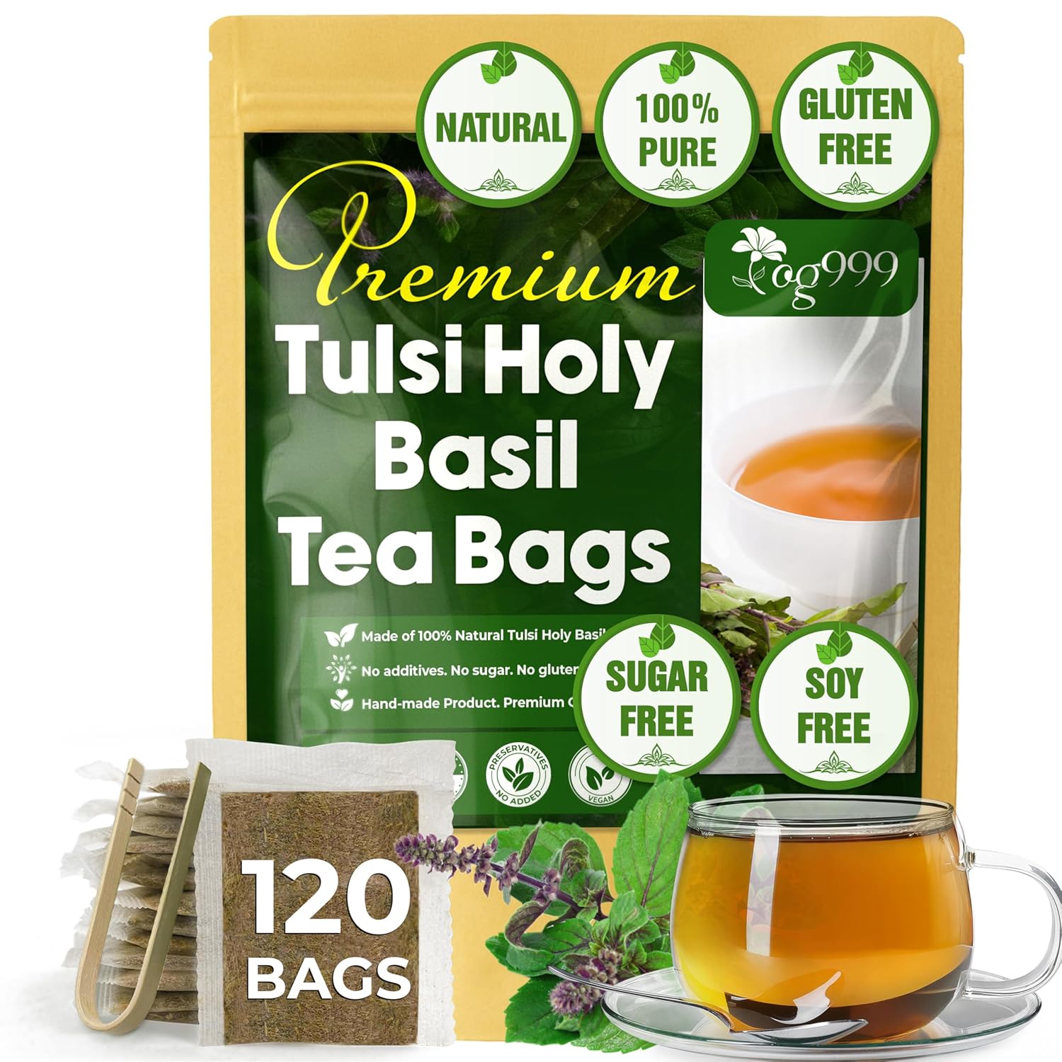 TOG999, Premium 120 Holy Basil Leaf Tea Bags, 100% Natural & Pure, Loose Leaf Herbal Tea. Holy Basil Leaf Tea. No Sugar, No Caffeine, No Gluten, Vegan.