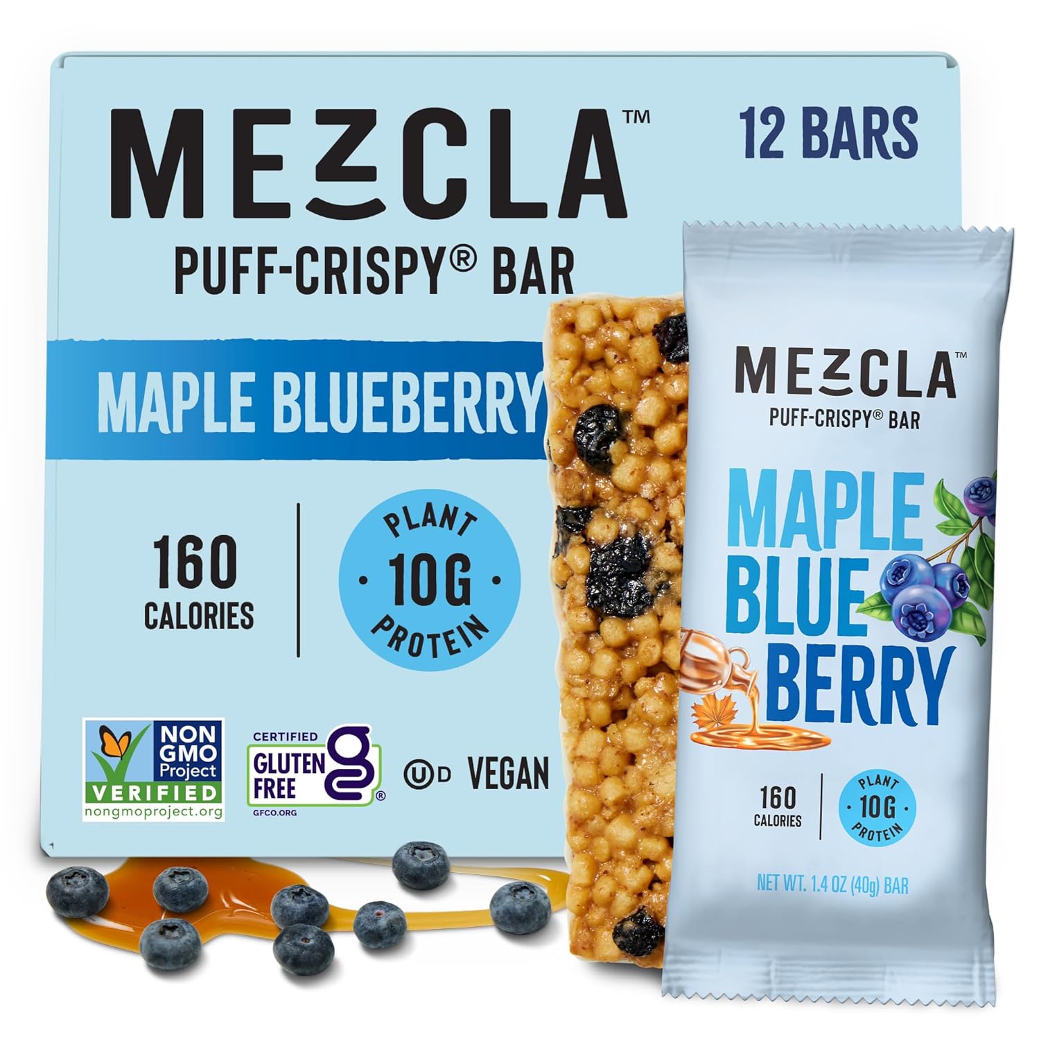 Mezcla Puff Crispy Protein Bars, Gluten Free & Vegan Protein Bars, 10g Protein, Alt for Crispy Rice Treat, Granola Bars & Breakfast Bars, Healthy Snacks for Adults, Maple Bluberry, 12 Pack